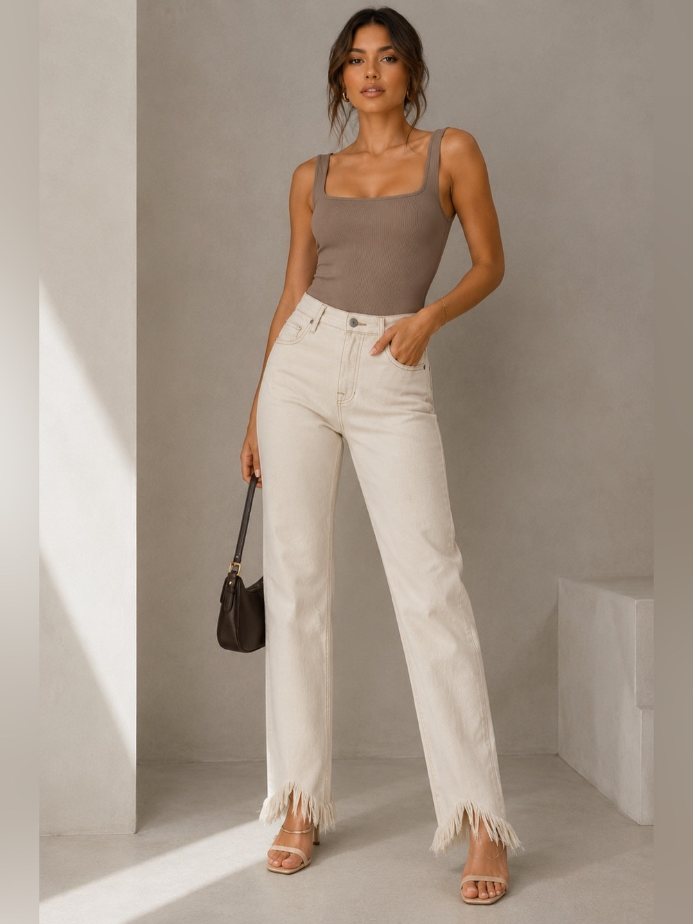 Jonathan Simkhai River Cream Straight Leg Fray Hem Distressed Jeans Size 26”